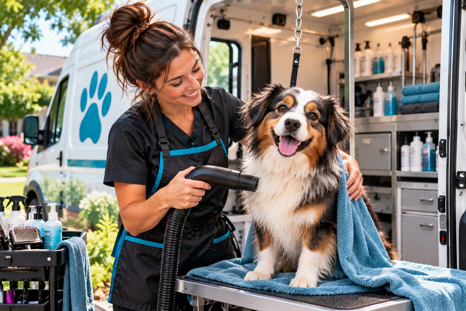 A person grooming a dog with a dryer inside a mobile pet grooming van